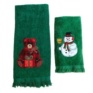 Christmas Hand and Finger Tip Towel Lot of 2 Snowman Teddy Bear Decorative